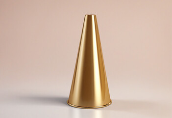 Golden cylindrical object with conical shape on soft colored backdrop. - obrazy, fototapety, plakaty