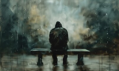 Depression and loneliness artistic representation of a backview of a person sitting on a bench on grey rainy day near lost and desoriented