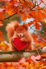 Squirrel with heart on red background. Congratulations.