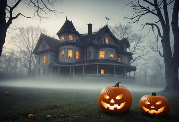 Fototapeta na wymiar Pumpkin and Haunted House in Foggy Autumn Yard