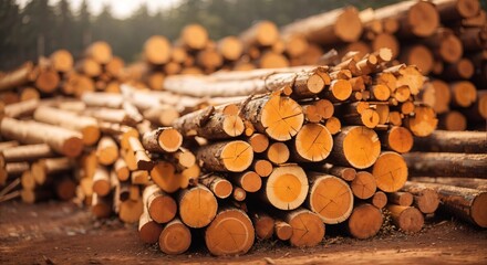Stacks of amber-toned logs are piled up