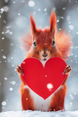 Squirrel with heart on red background. Congratulations.