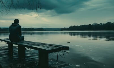 Depression and loneliness artistic representation of a man sitting on bench on grey day near the lake or river lost and desoriented
