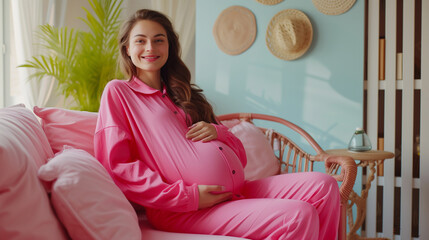 A young pregnant girl in eco-style, Smiling pregnant woman in boho style.