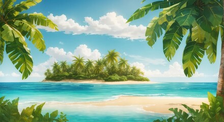 Sunny Tropical Beach With Palm Leaves And Paradise Island