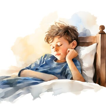A child boy sleeping on the bed watercolor paint design. Generative AI