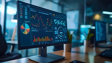 A monitor with a screen of the business data on office background. Generative AI