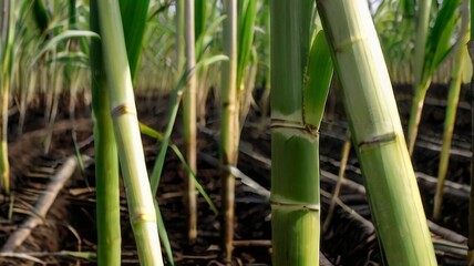 Close-up of young sugar cane plants, showing the tender green shoots