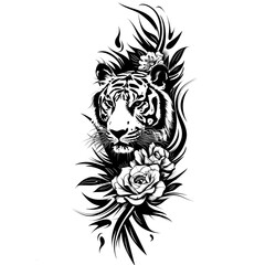 A tiger tattoo outline black and white illustration design on white background. Generative AI

