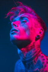 A man with tattoo illustration portrait neon light. Generative AI