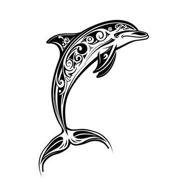A dolphin tattoo texture design black and white outline illustration. Generative AI