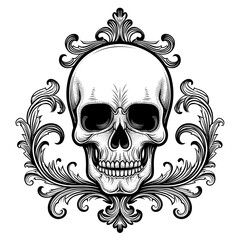 Fototapeta premium A skull tattoo outline black and white illustration design on white background. Generative AI