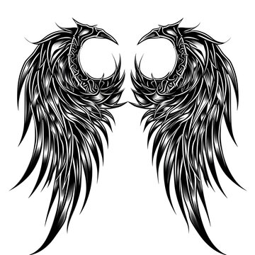 A devil wing tattoo design black and white outline illustration on white background. Generative AI