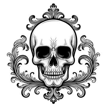 A skull tattoo outline black and white illustration design on white background. Generative AI