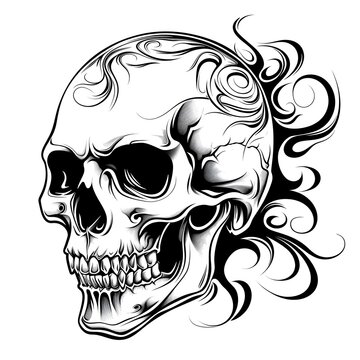 A skull tattoo outline black and white illustration design on white background. Generative AI