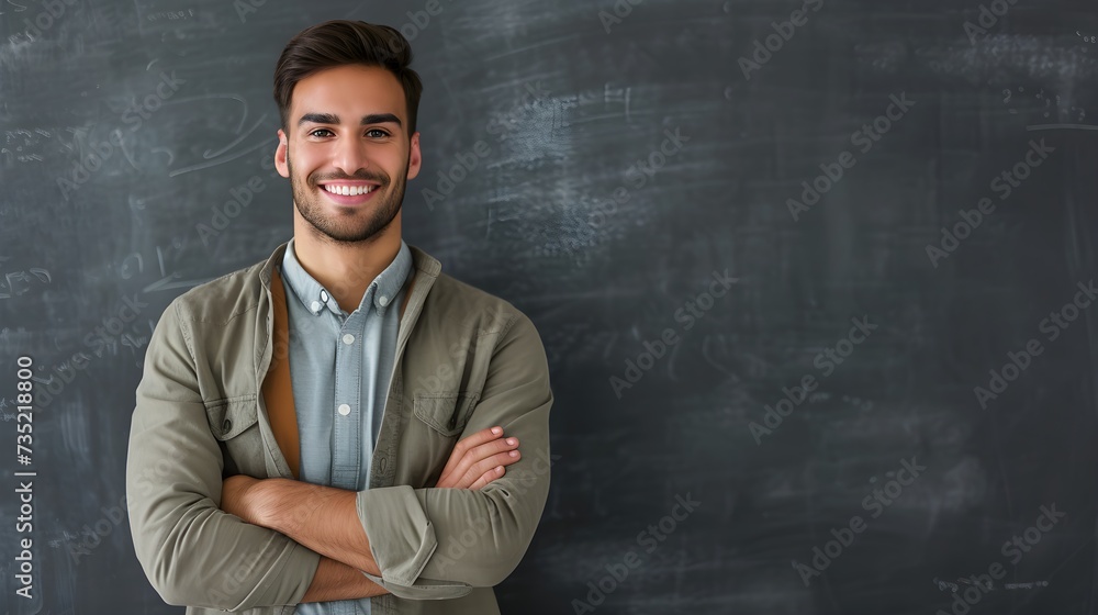 Canvas Prints A man teacher model portrait smile and stand in front of black board in the school. Generative AI