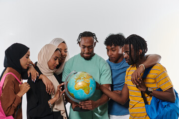 A diverse group of students is gathered around a globe, engrossed in exploration and study, their...