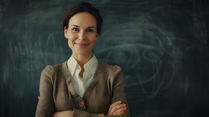 A woman teacher model portrait smile and stand in front of black board in the school. Generative AI