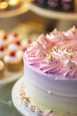 Delicious cake with pink and white frosting, surrounded by cupcakes and pastries
