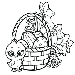 Cute cartoon chicken with basket with Easter eggs and daffodil flowers outlined for coloring on a white background