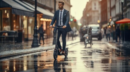 Man Riding a Scooter on a City Street