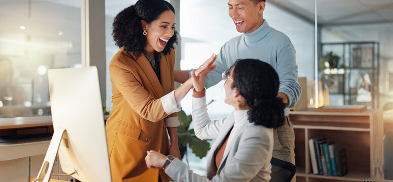 Business, team and high five for news of success in office with collaboration or support for sales achievement. Employees, winning and celebration together for feedback on project goals or target