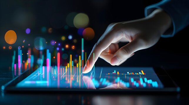  A hand of business man point to data histogram tablet illustration design. Generative AI

