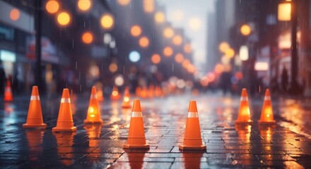 Traffic cones line raining city street