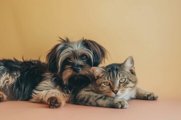 Cat and dog in soft beige background, copy space.