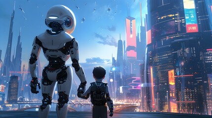 A humanoid robot and child touch the hand together with futuristic city background wallpaper. Generative AI
