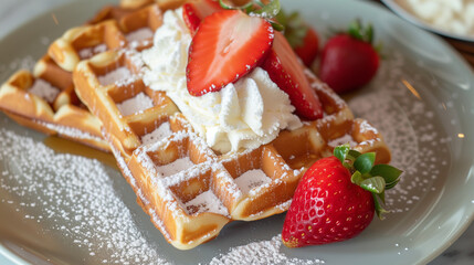 Belgian waffles with strawberries and powdered sugar