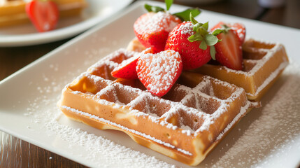 Belgian waffles with strawberries and powdered sugar