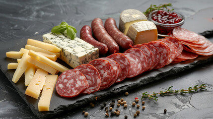 Board with sliced sausage and gourmet cheeses, real photo