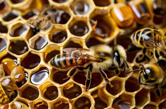 A macro shot of bees inside a hive, with honeycombs in the background