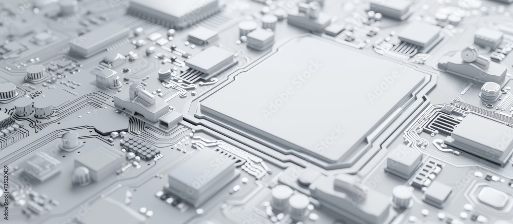 Poster close-up of intricate computer circuit board with diverse electronic components and connections