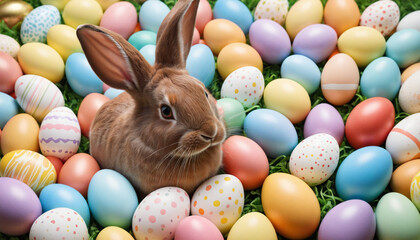 Colorful Easter eggs surround a chocolate bunny