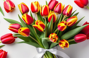 Tulip, tulips bouquet on white background, flat lay. Present for March 8, International Women's Day. Holiday decor with flowers. Bouquet with tulips. Holiday floral decor. Spring tulips, bouquet