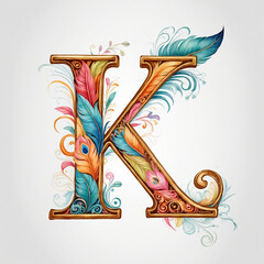 Ornate Watercolor Feather Style Letter K with Bright Colors