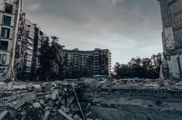 destroyed and burned houses in the city Russia Ukraine war