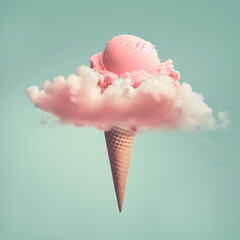 a pink cloud with an ice cream cone and an ice cream  - obrazy, fototapety, plakaty