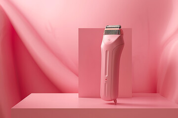 a pink shaver sitting on a pink background in the sty - obrazy, fototapety, plakaty