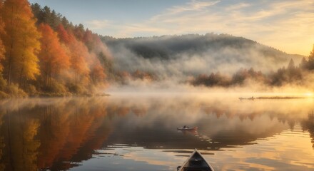 View from canoe at sunrise on lake during autumn morning