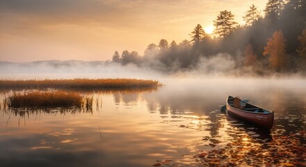 View from canoe at sunrise on lake during autumn morning