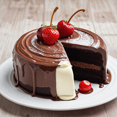 Decadent chocolate cake topped with a cherry on a plain white backdrop