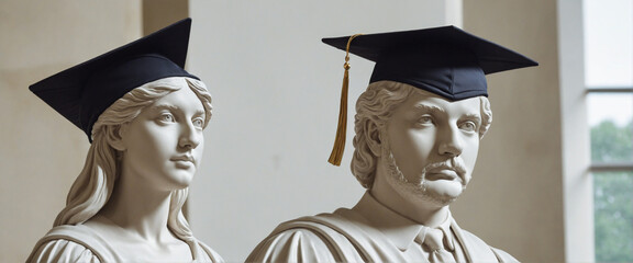Marble Statue in Graduation Cap at University - Educational Poster with Room for Text - Imaginary Character, Creative Technology