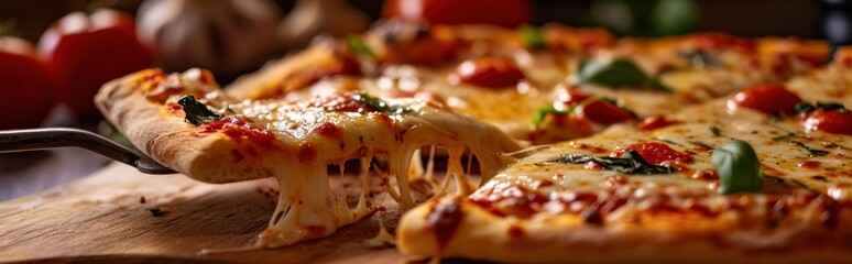 Diavola Pizza with mozzarella, tomatoes and basil on wooden board. Diavola. Cheese Pull. Diavola...