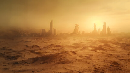 Fototapeta premium A post apocalypse desert with ruined city sky scraper in the distance