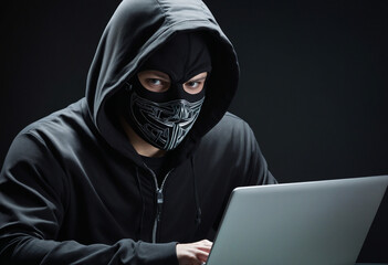 Cybercriminal in disguise peers at computer screen