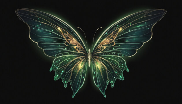 A pair of illuminated fairy wings isolated on black background, fantasy green glowing wings isolated on dark