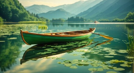 Wooden rowing boat on a calm green lake